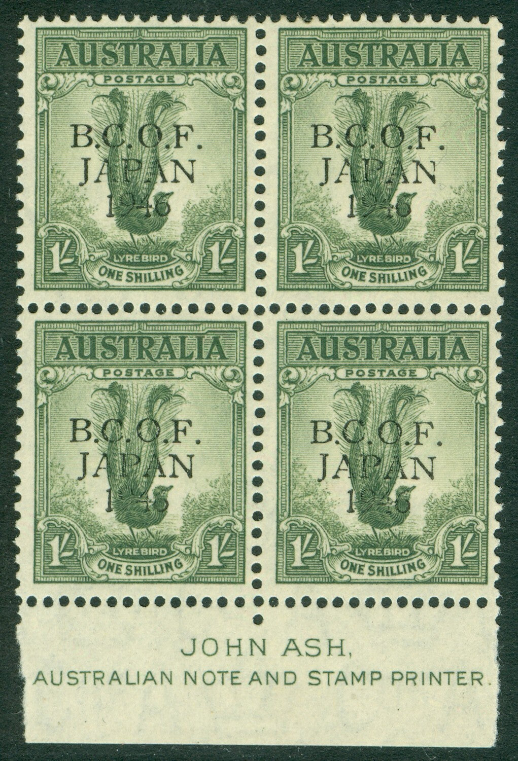 SG J4 B.C.O.F. 1946-47. 1/- grey-green marginal block of 4. Fine mint, lower stamps being unmounted CAT £80