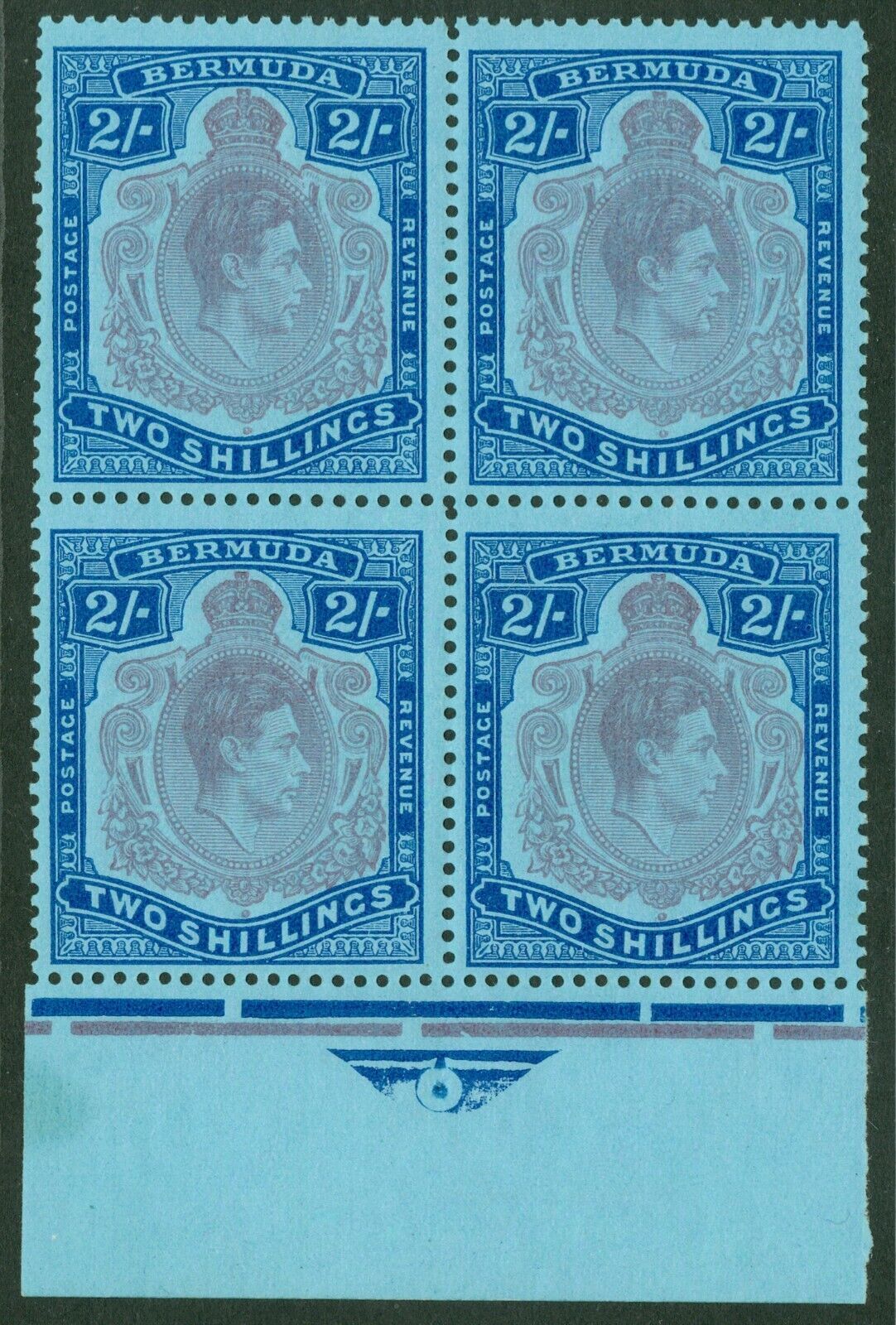 SG 116e Bermuda 2/- perf 13, dull purple & blue/pale blue. Pristine unmounted marginal block of 4 CAT £56