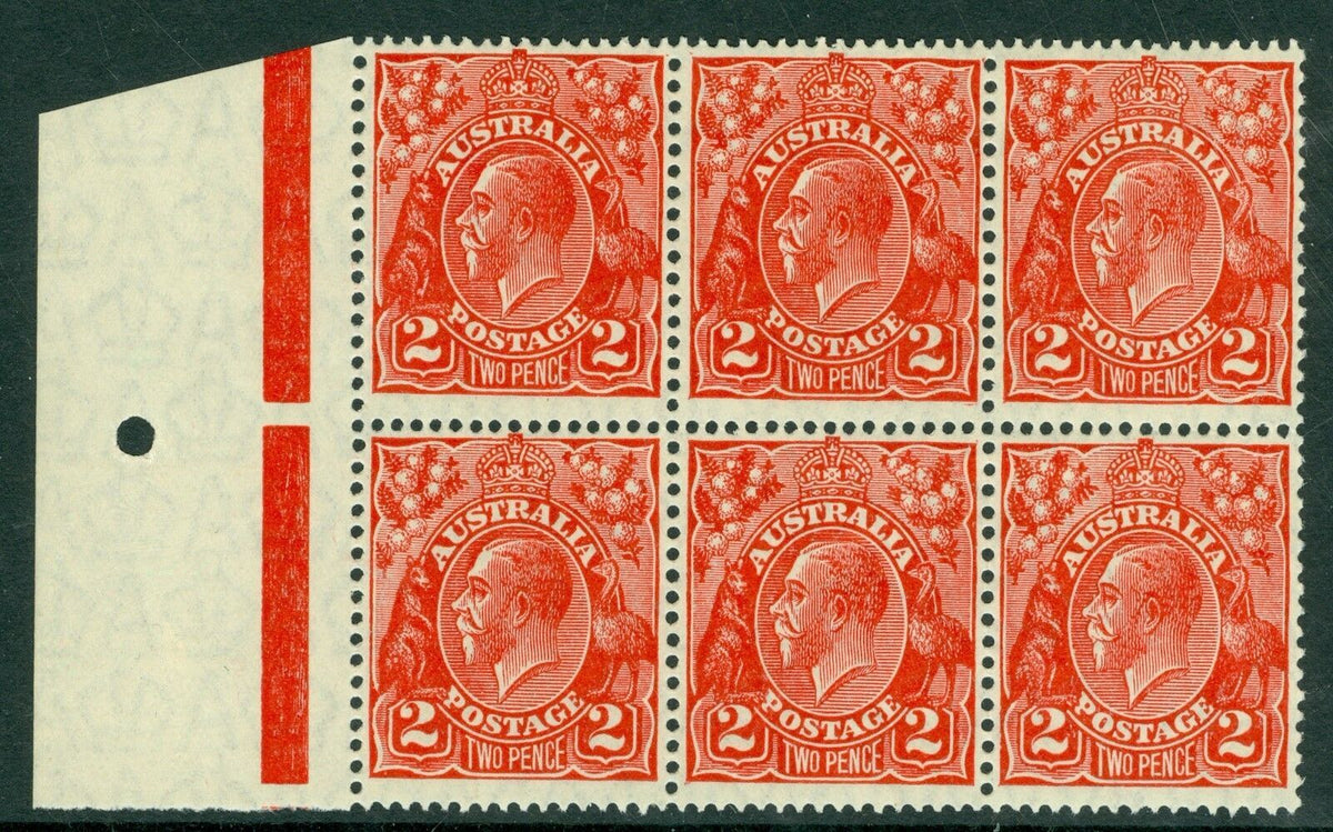 SG 99 Australia 1926-30. 2d golden-scarlet perf 13½ x 12½d. A fine unmounted mint marginal block of 6 CAT £112