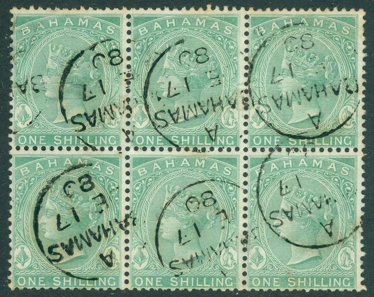 SG 39b Bahamas 1863-80. 1/- green block of 6. Very fine used with Bahamas CDS's. Faint horizontalcrease along top row