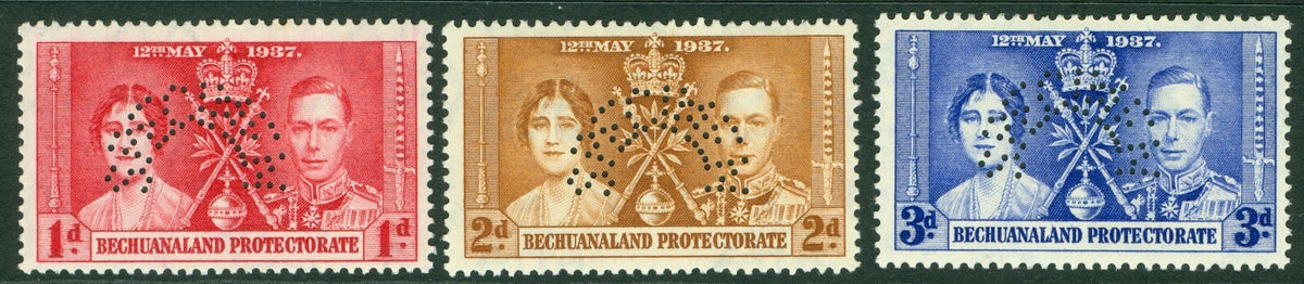 SG 115/117 Bechuanaland 1937 Coronation set of 3 'perf' specimen (horseshoe). Fine fresh mounted mint CAT £140