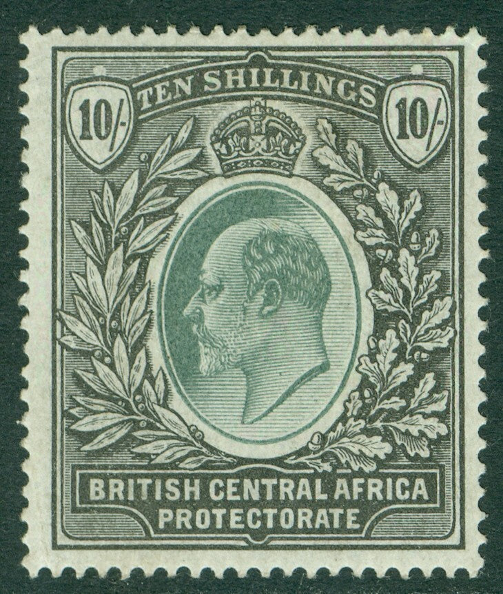 SG 65 British Central Africa 1903-04. 10/- grey-green & black. A fine fresh mounted mint example CAT £250
