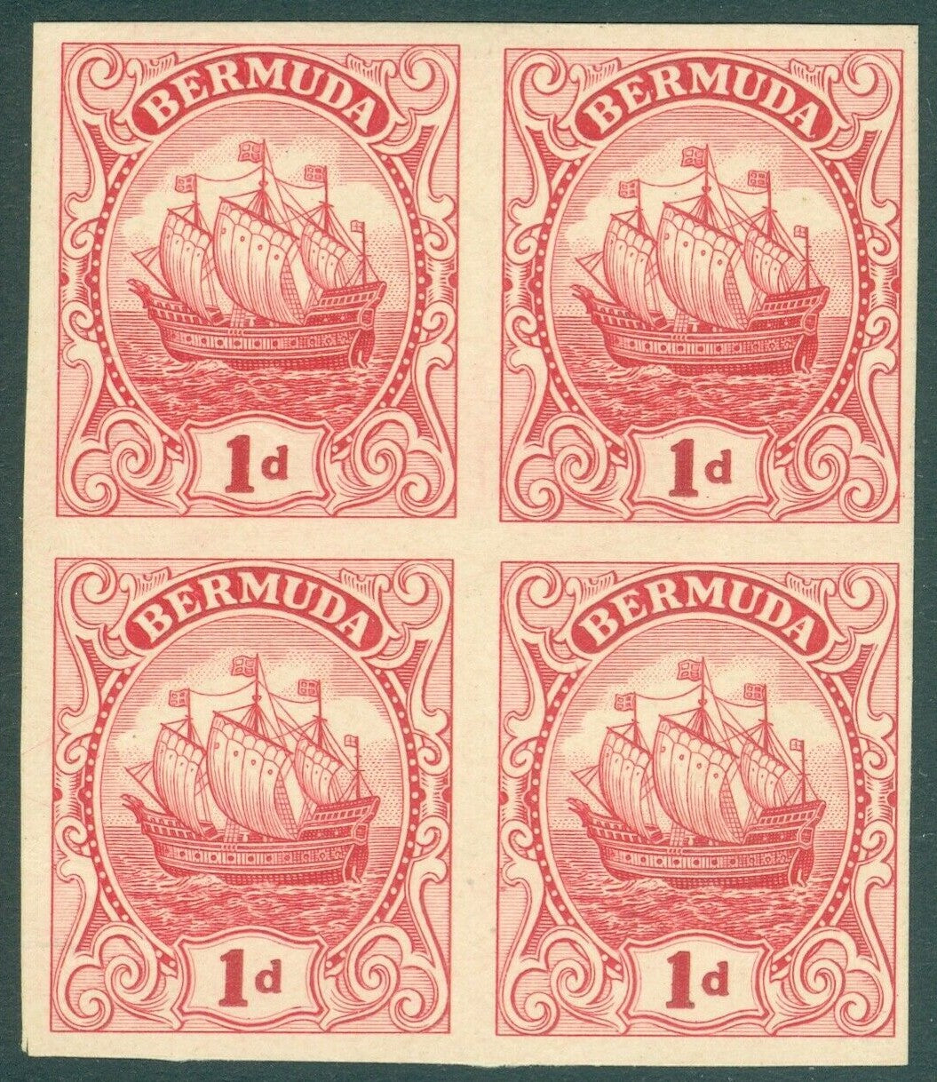 Bermuda 1910-34. 1d plate 111 imperforate plate proof block of 4 in carmine (pos 58-71) on ungummed, unwatermarked paper. From 1 sheet of 120 known to exist. Very fine with full margins
