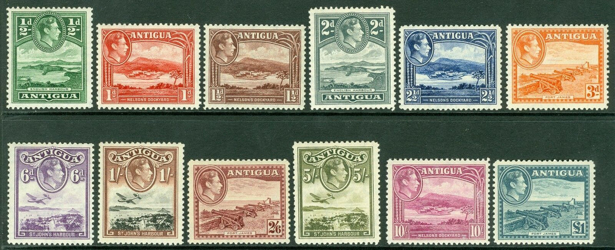SG 98-109 Antigua 1938 set of 12 values. ½ to £1. Pristine very lightly mounted mint CAT £130
