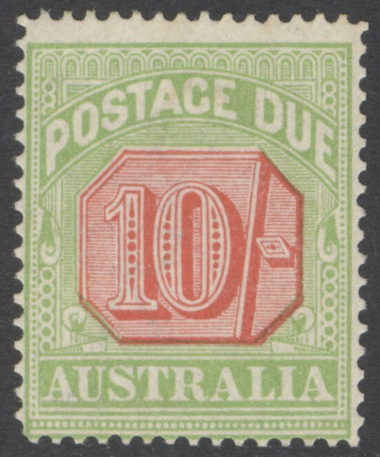 SG O86 Australia 1913-23. 10/- scarlet & pale yellow-green, perf 14. A fine fresh very lightly mounted mint example CAT £2250