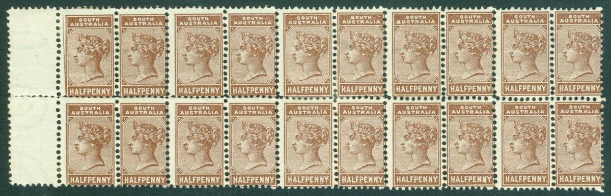 SG 188 South Australia ½d pale brown, perf 15. Fresh mint block of 20, 15 being unmounted mint, some perf splits CAT £240