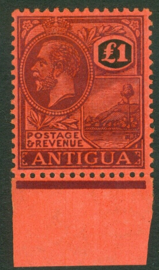 SG 61 Antigua 1921. £1 purple & black/red. A very lightly mounted marginal example. Well centred & with good colours CAT £275