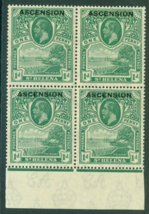 SG 2 Ascension 1922. 1d green. A pristine unmounted mint block of 4
