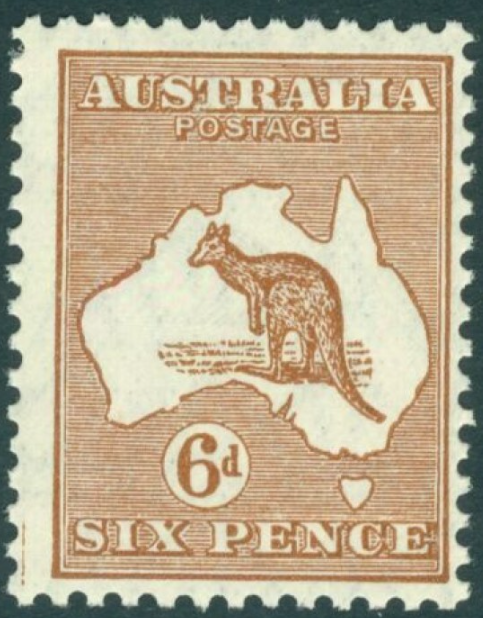 SG 107 Australia 1929-30. 6d chestnut. A pristine very lightly mounted mint example