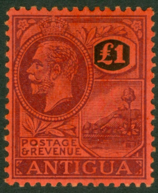 SG 61 Antigua 1918 £1 Purple & Black/Red. A fine unmounted mint example CAT £275