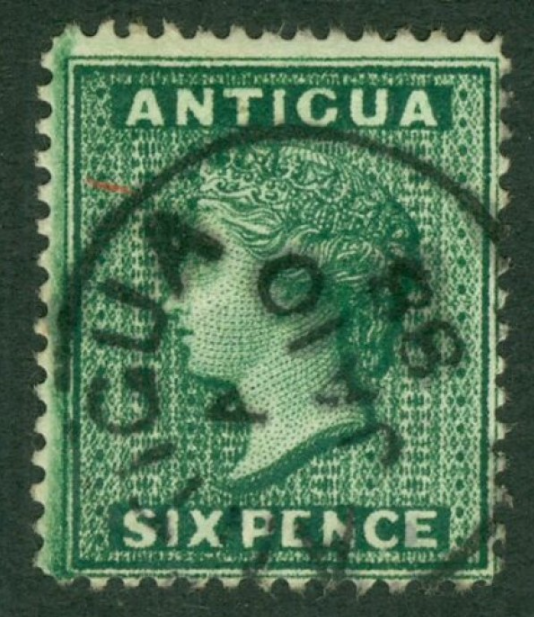 SG 29 Antigua 1884-87 6d deep green. Very fine used Antigua CDS, Jan 10th 1888 CAT £120