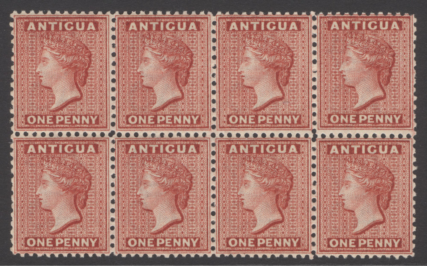 SG 24 Antigua 1884. 1d carmine-red block of 8. Fine unmounted mint CAT £480