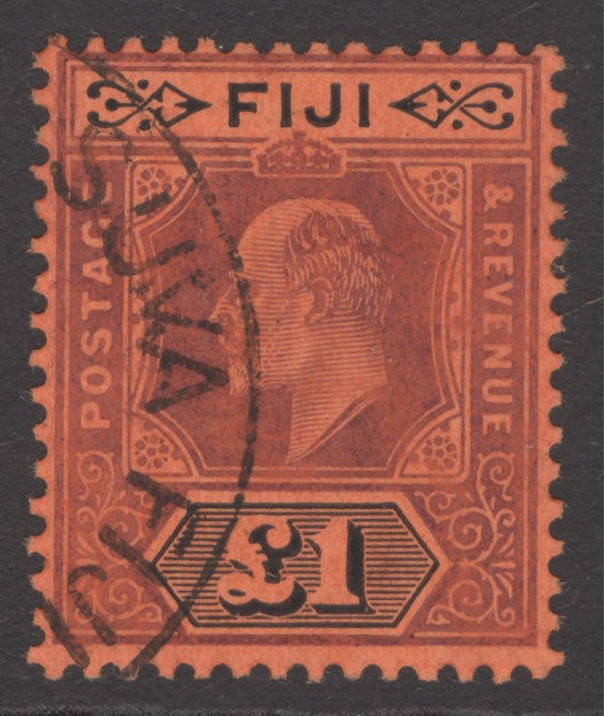 SG 124 Fiji 1906-12. £1 purple & black. Very fine used part CDS CAT £275