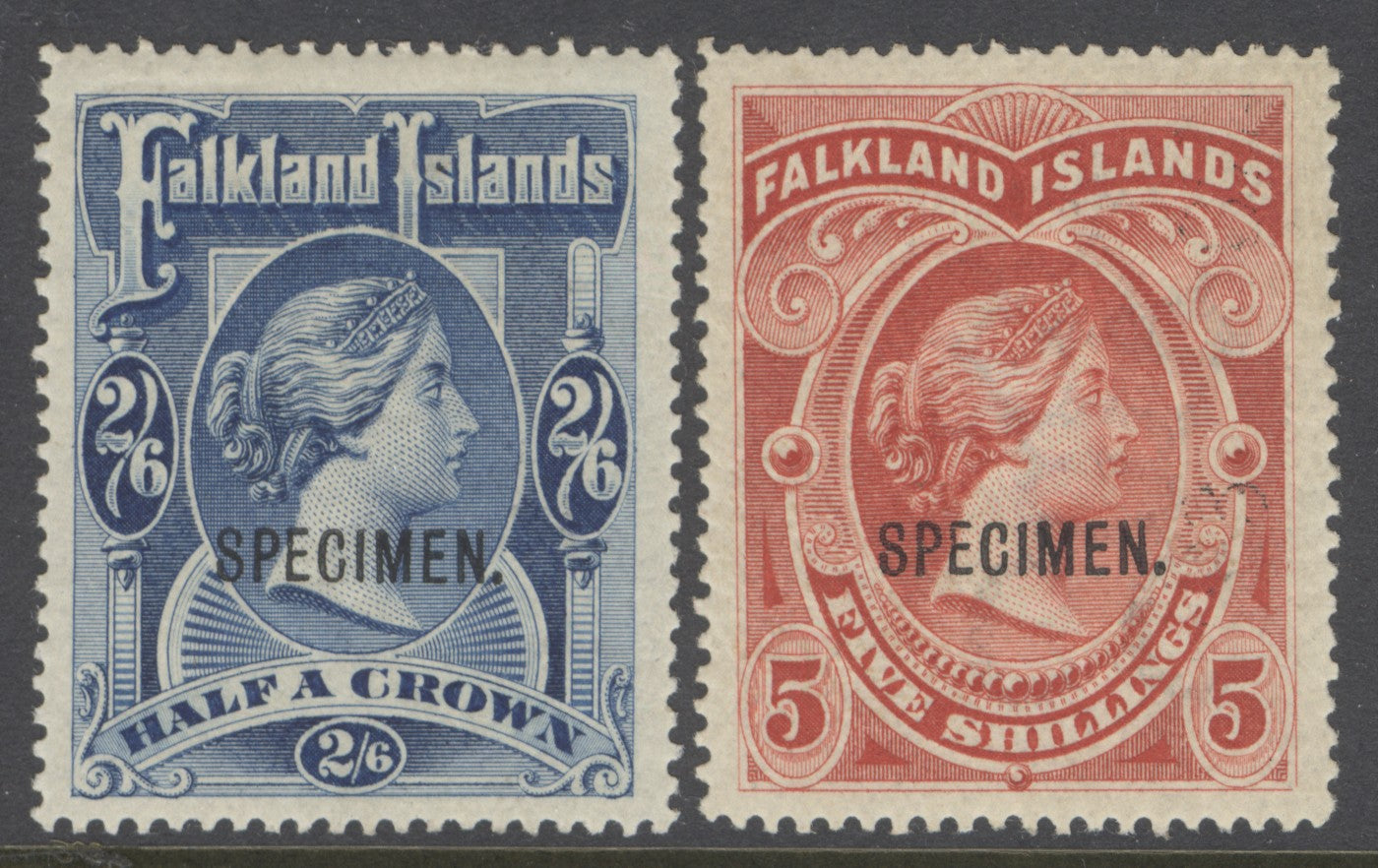 SG 41 & 42 Falklands 1898. 2/6 & 5/- overprinted specimen. Fine fresh lightly mounted mint examples CAT £650