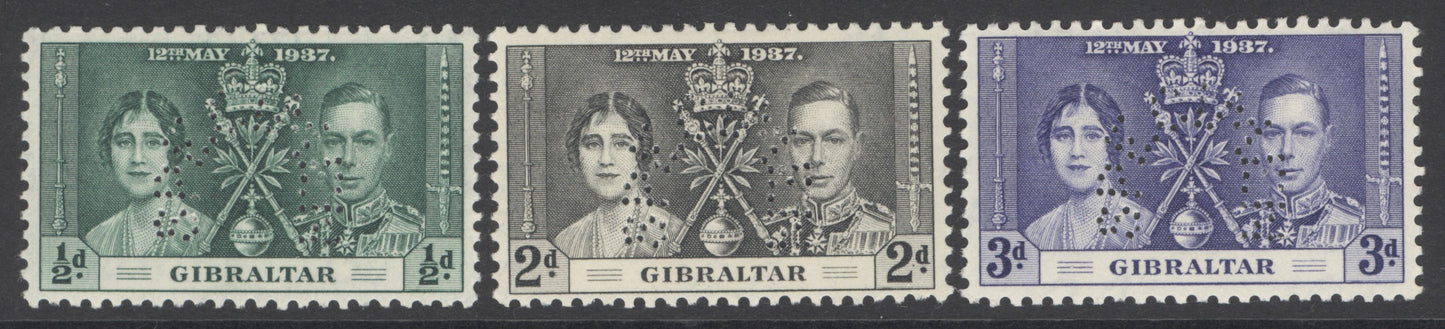 SG 118-120 Gibraltar 1937 Coronation set of 3 ‘Perf’ specimen. Fine mounted mint CAT £190