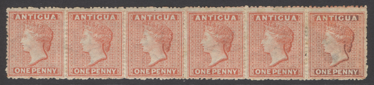 SG 7 Antigua 1863-67. 1d vermilion. Fresh strip of 6. Lightly mounted/mounted mint. A scarce multiple CAT £1500