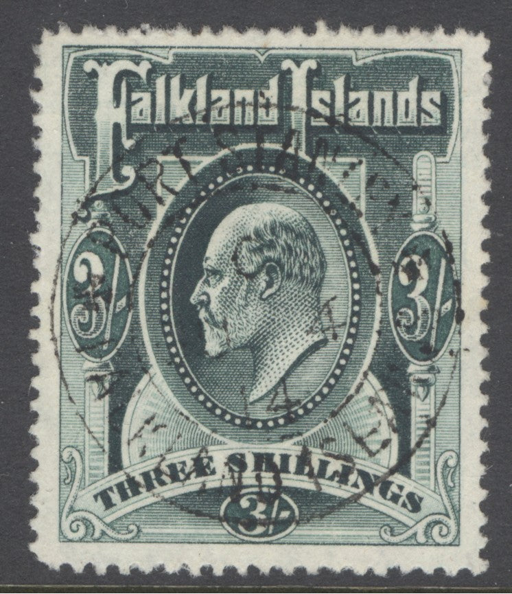 SG 49b Falklands 1904-12. 3/- deep green. Superb used with a crisply struck Port Stanley, June 4 1914 CDS CAT £160