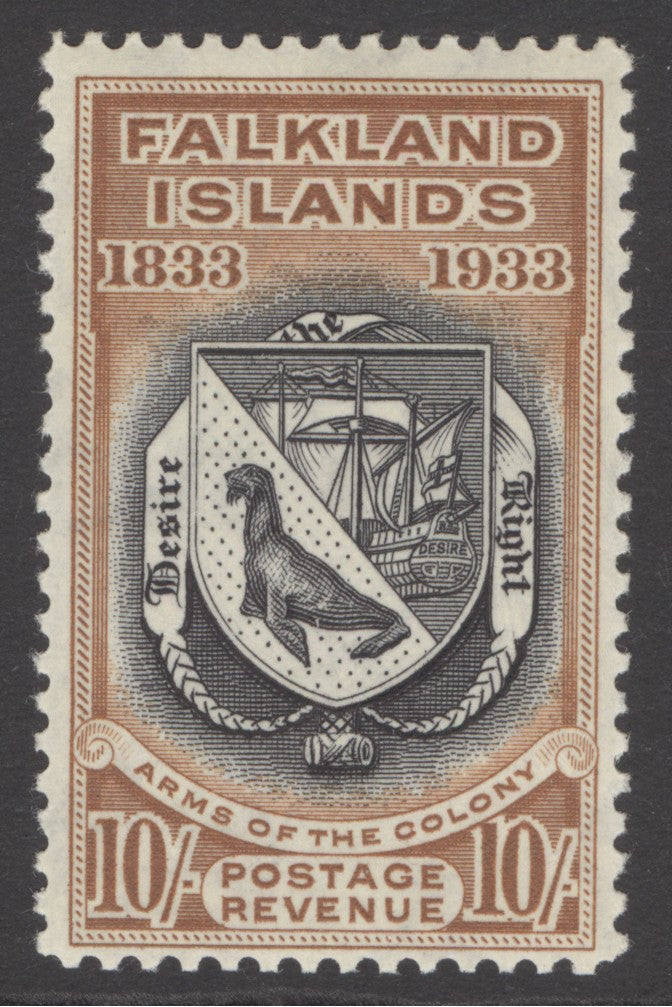 SG 137 Falklands 1933. 10/- black & chestnut. Lightly mounted mint CAT £900