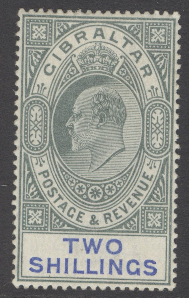 SG 52 Gibraltar 1903. 2/- green & blue. Very lightly mounted mint. Good colour & well centred CAT £150