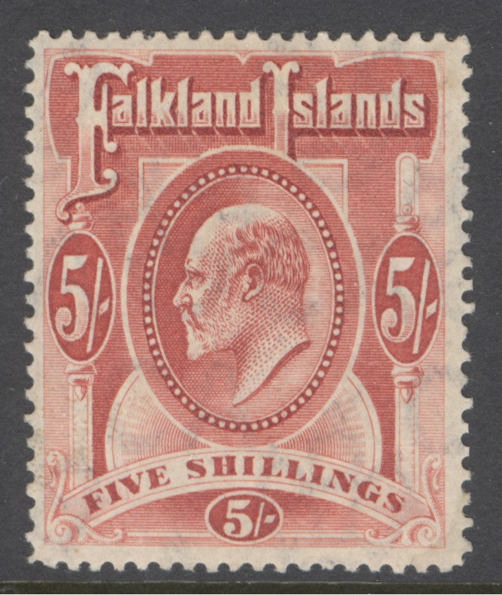 SG 50 Falklands 1904-12. 5/- red. A fine fresh lightly mounted mint example CAT £225