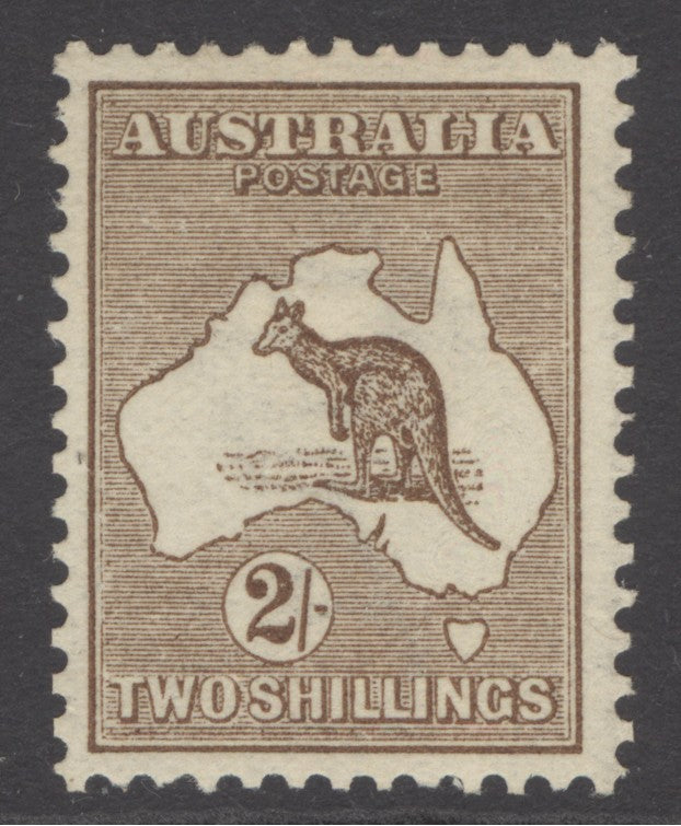 SG 12 Australia 1913-14. 2/- brown, watermark 2, die 2, perf 12. A fine fresh, well centred, lightly mounted mint example CAT £275