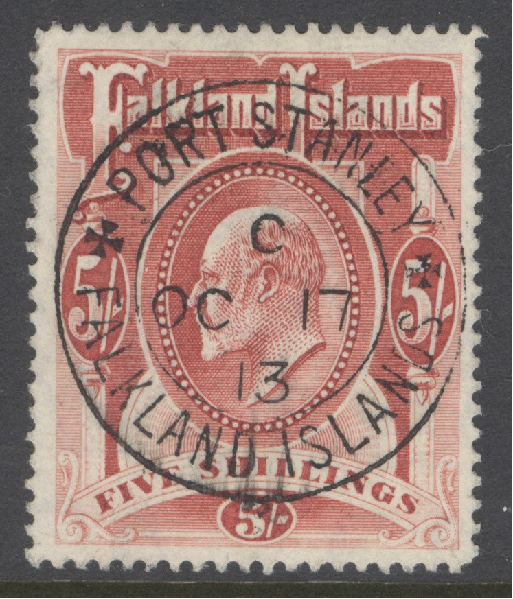 SG 50 Falklands 1904-12. 5/- red. Superb used with an upright crisply struck Port Stanley Island CDS, Oct 17th 1913. An exceptional example