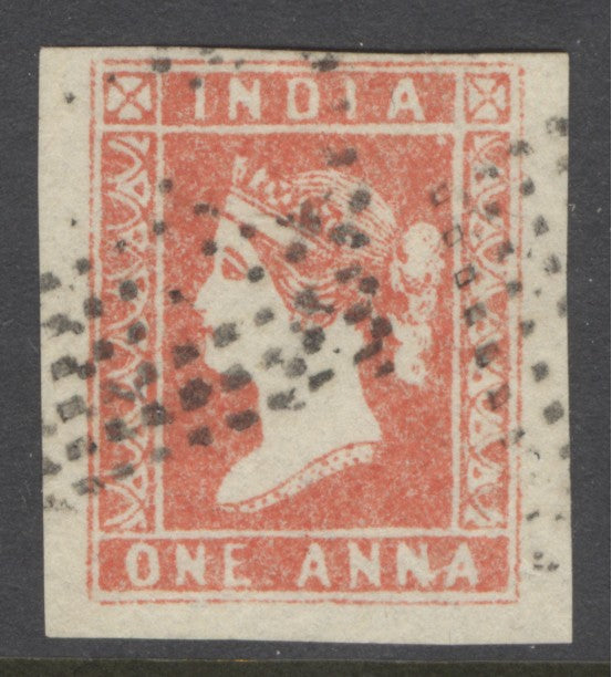SG 12 India 1854. 1a red. Very fine used. 4 good to huge margins CAT £110