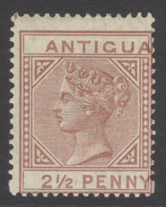 SG 22 Antigua 1884. 2½d red-brown, watermark CA, perf 14, showing frame & lettering misplaced. Lightly mounted mint CAT £190