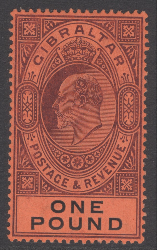 SG 64 Gibraltar 1904-08. £1 deep purple & black/red. A fine fresh very lightly mounted mint example CAT £650