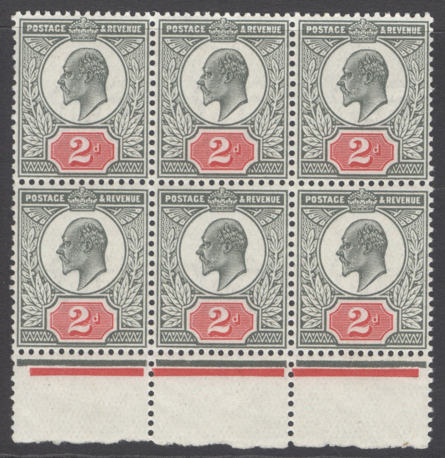 SG 292 2d grey-green & bright carmine. A fine fresh unmounted mint marginal block of 6 CAT £330