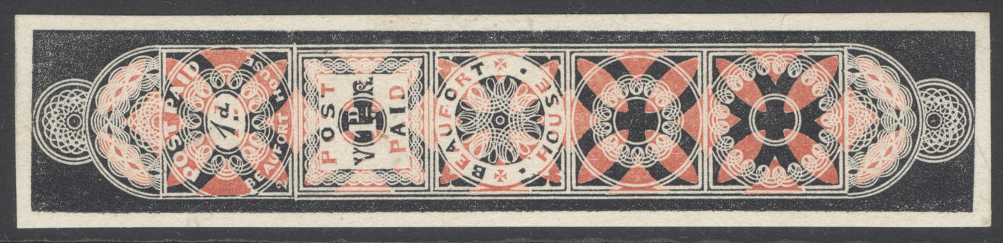 1839 Treasury competition by Charles Whiting ‘Beaufort House’ ‘V.1d.R’ essay. Superb fresh complete vertical impression in black & red. Seldom seen in this fine quality