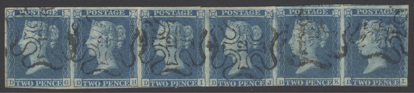 SG 14f 1841 2d blue strip of 6 lettered DA-DL. Very fine used with number ‘12’ in Maltese crosses. Good to large margins at top & left side, slightly into at base. A scarce multiple CAT £2100