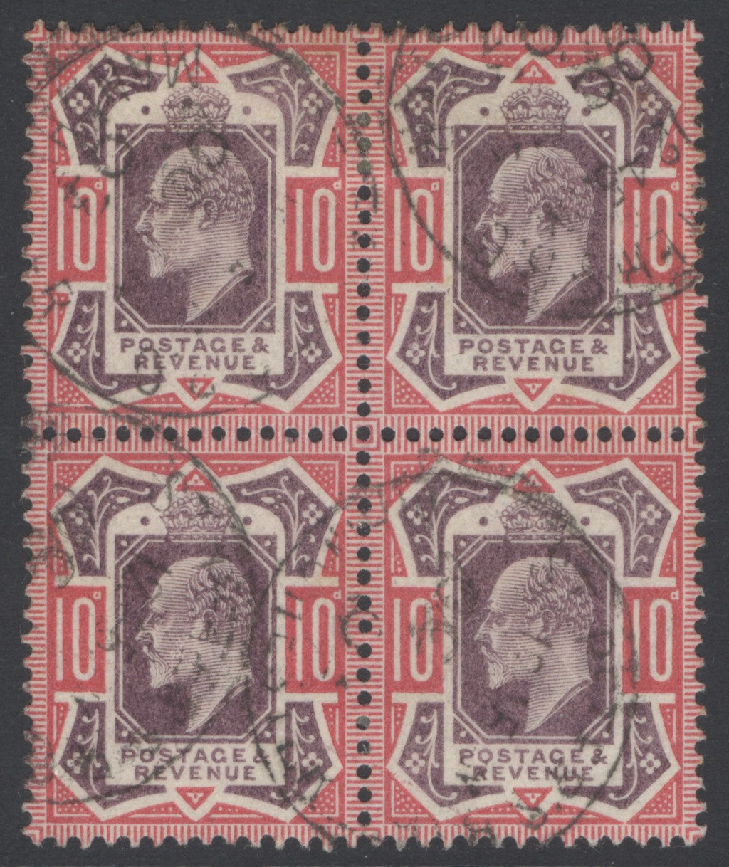 SG 254 10d dull purple & carmine block of 4. Fine used with Manchester CDS’s