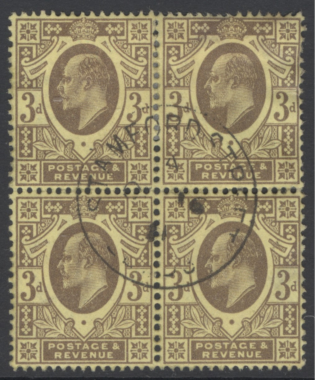 SG 285 3d purple/lemon. Very fine used block of 4 with a Stamford single CDS