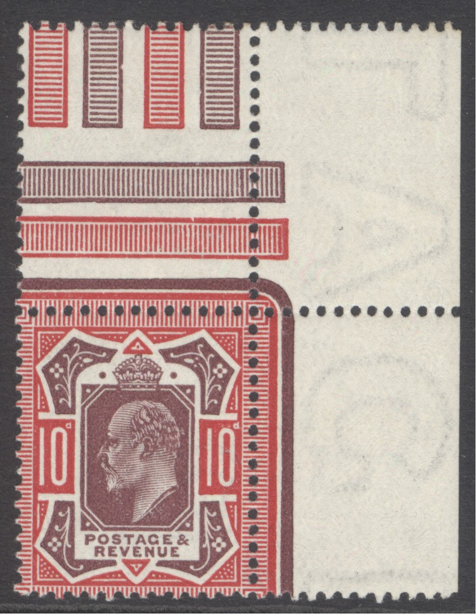 SG 311 10d dull reddish-purple & carmine marginal example. Unmounted mint (hinged in top margin) CAT £150
