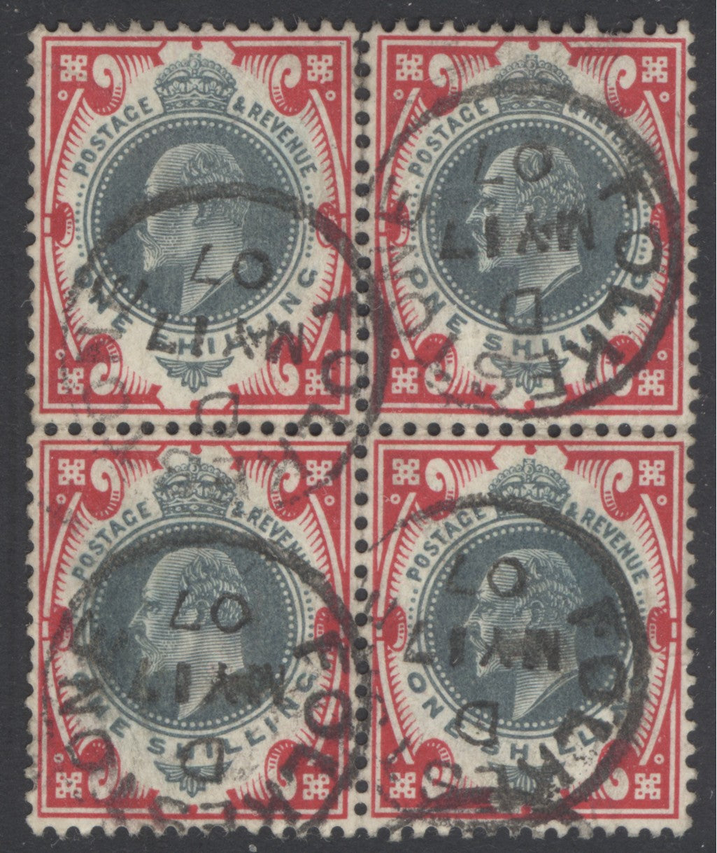 SG 259 1/- deep dull green & scarlet Spec M46(4). Superb used block of 4, central upright Teddington 1910 CDS on each stamp. Lovely fresh colour with original paper on back
