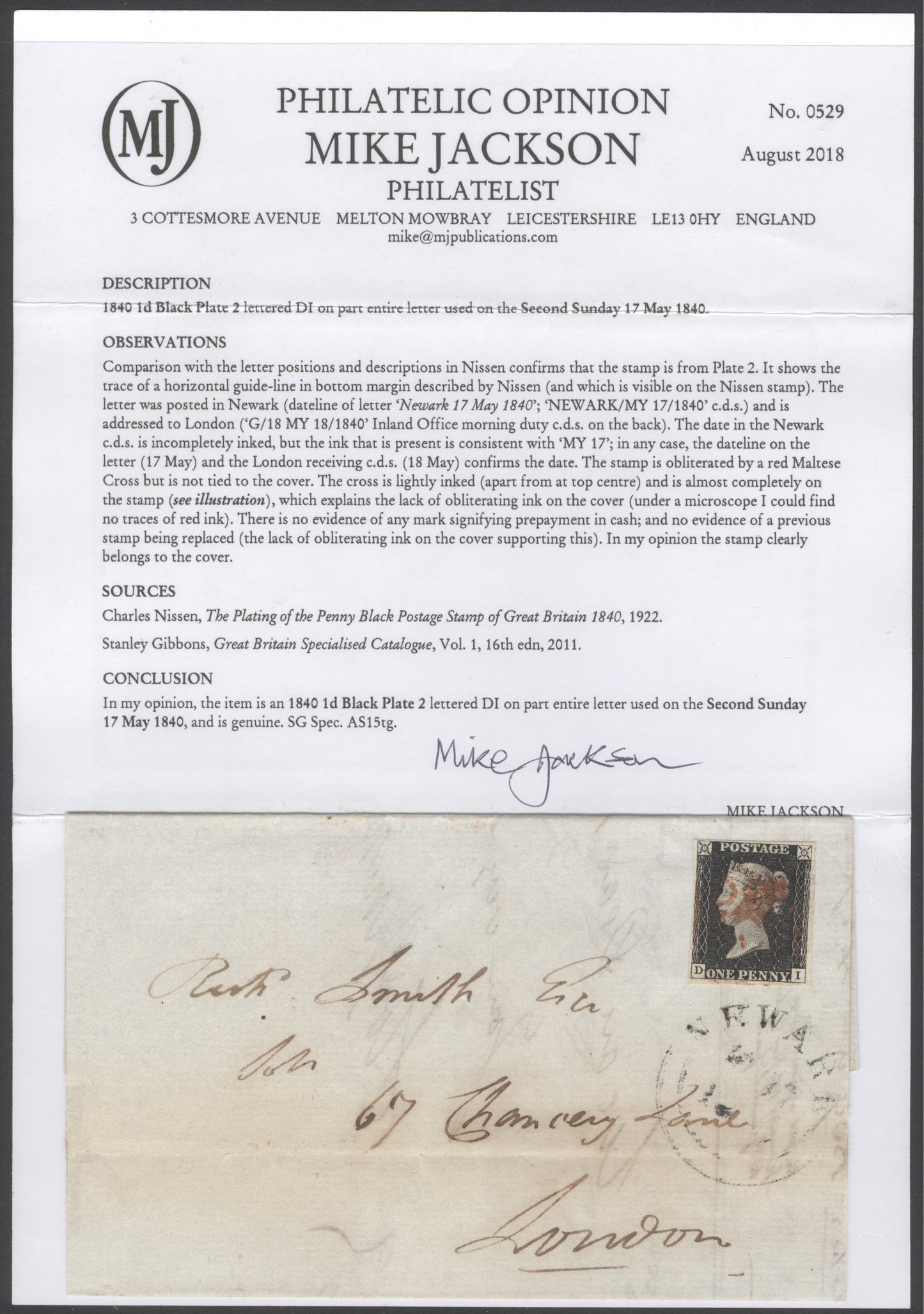 1840 1d black plate 2 lettered DI on entire letter posted on the second Sunday 17th May tied with a red Maltese cross. Full margins...
