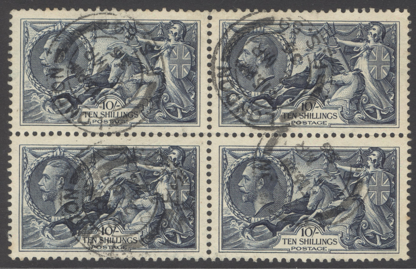 SG 452 10/- indigo block of 4. Very fine used with London CDS’s CAT £300