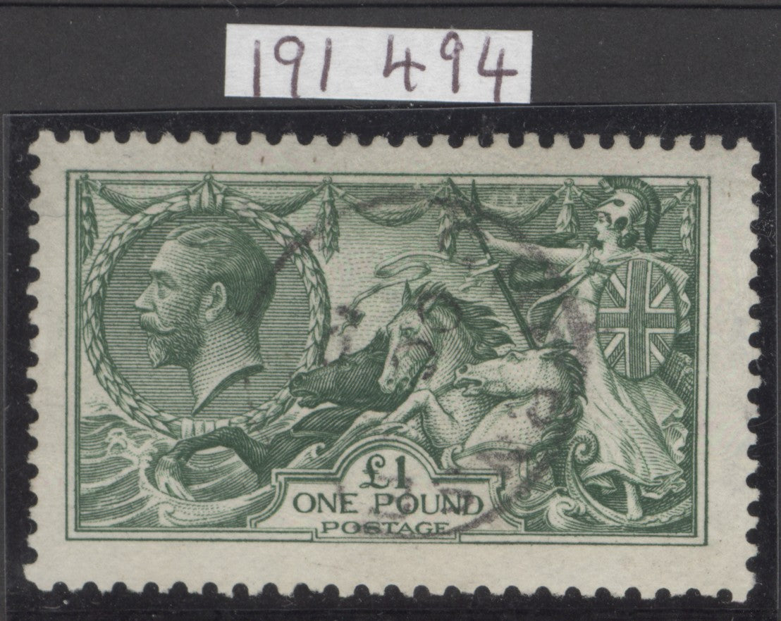 SG 403. 1913 £1 green. Very fine used with a Guernsey CDS. RPS cert