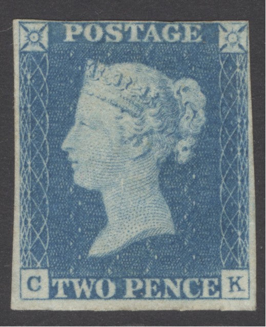 SG 6 1840 2d pale blue plate 1 lettered CK. Mounted mint, original gum. 4 good to close margins CAT £30,000. Very scarce