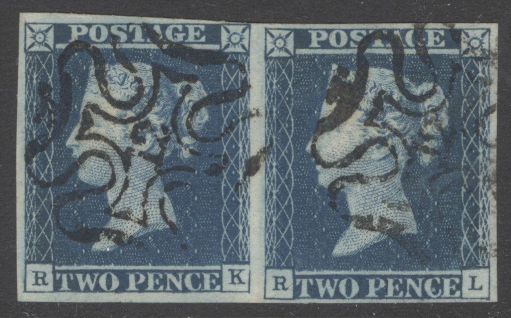 SG 14f 1841 2d blue plate 3 pair lettered RK-RL. Very fine used with number ‘12’ in Maltese crosses. Full margins CAT £700