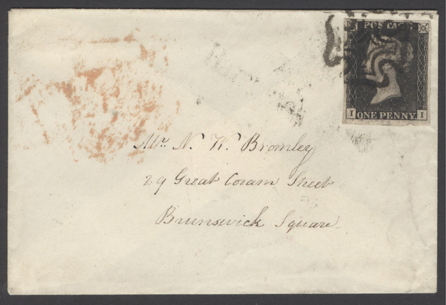 SG 2 1d black plate 8 lettered II. Used on small envelope to N.Bromley, Brunswick Square, July 1841. 4 margins tied with a black Maltese cross