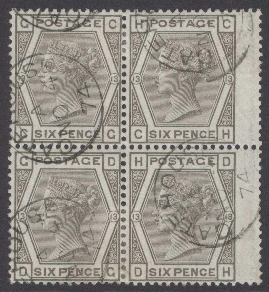 SG 146 6d grey, watermark spray plate 13. Rare block of 4. Very fine used with Gatehouse CDS’s, Nov 4th 1874