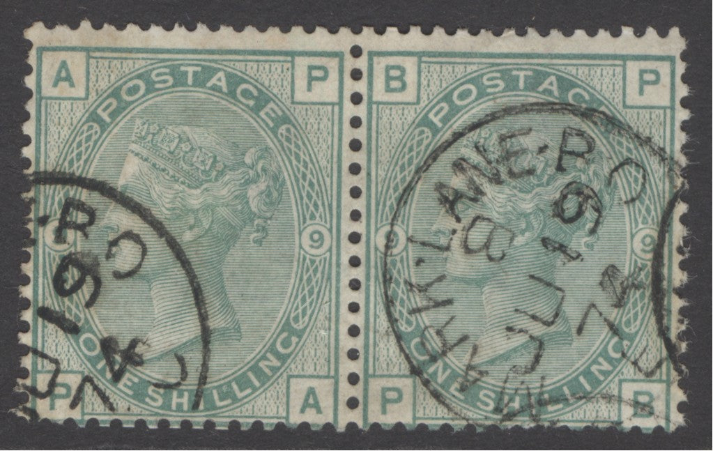 SG 150 1/- green plate 9 pair. Very fine used with a Mark Lane, June 19th 1874 CDS’s