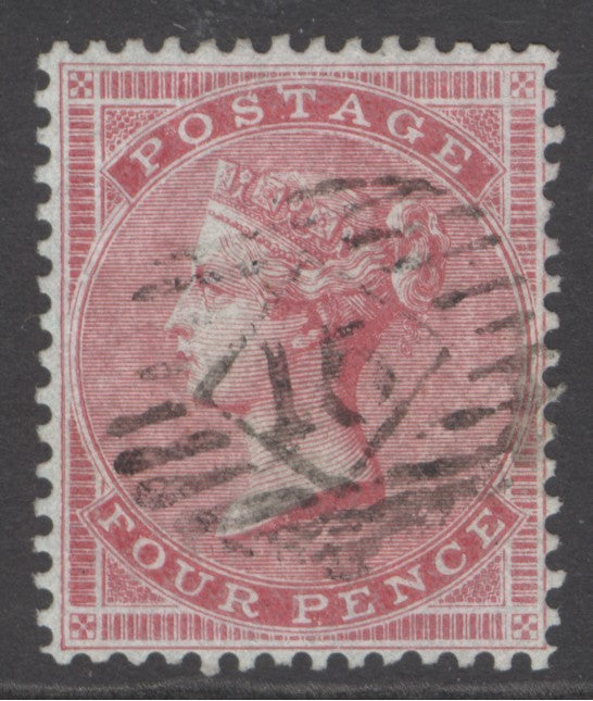 SG 63 4d bright carmine, watermark medium garter on thick, blued, glazed paper. Very fine used with a ‘15’ London numeral postmark. Lovely deep colour & well centred Spec J47(1) CAT £525
