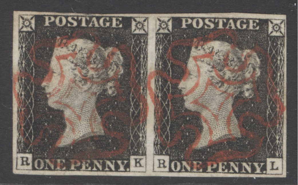 SG 2 1d black plate 1b pair lettered RK-RL. Very fine used with crisply struck full upright Maltese crosses in red. Full margins
