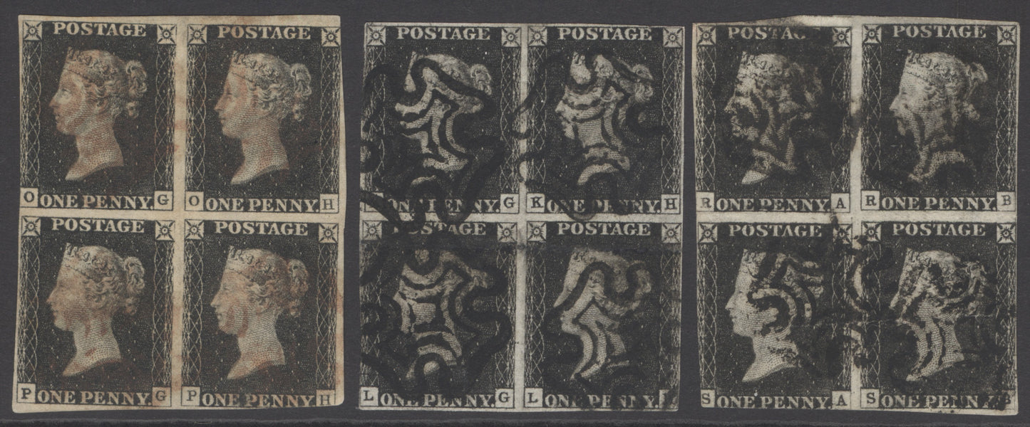 SG 2 1d black plates 1b, 2 & 8 in blocks of 4. Plate 1b fine used with red Maltese cross, margins vary just into in places. Plate 2 cancelled with black crosses, margins vary. Plate 8 fine used with black crosses....