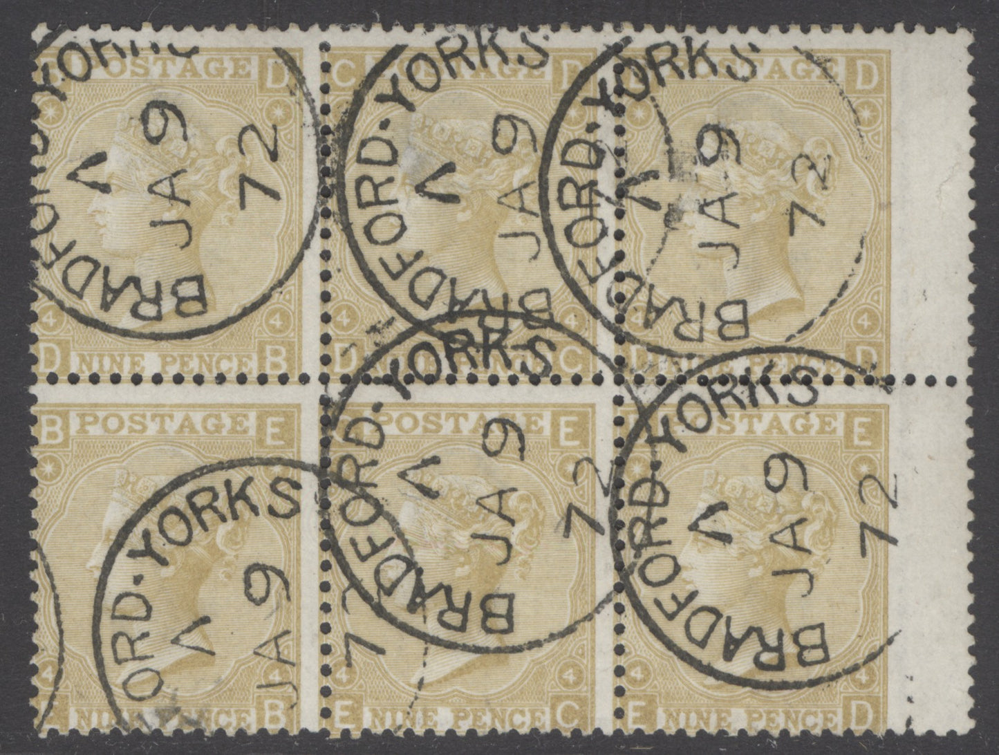 SG 111 9d straw, watermark spray plate 4 block of 6. Very fine used with Bradford-Yorks CDS’s, Jan 9th 1872. A very scarce multiple