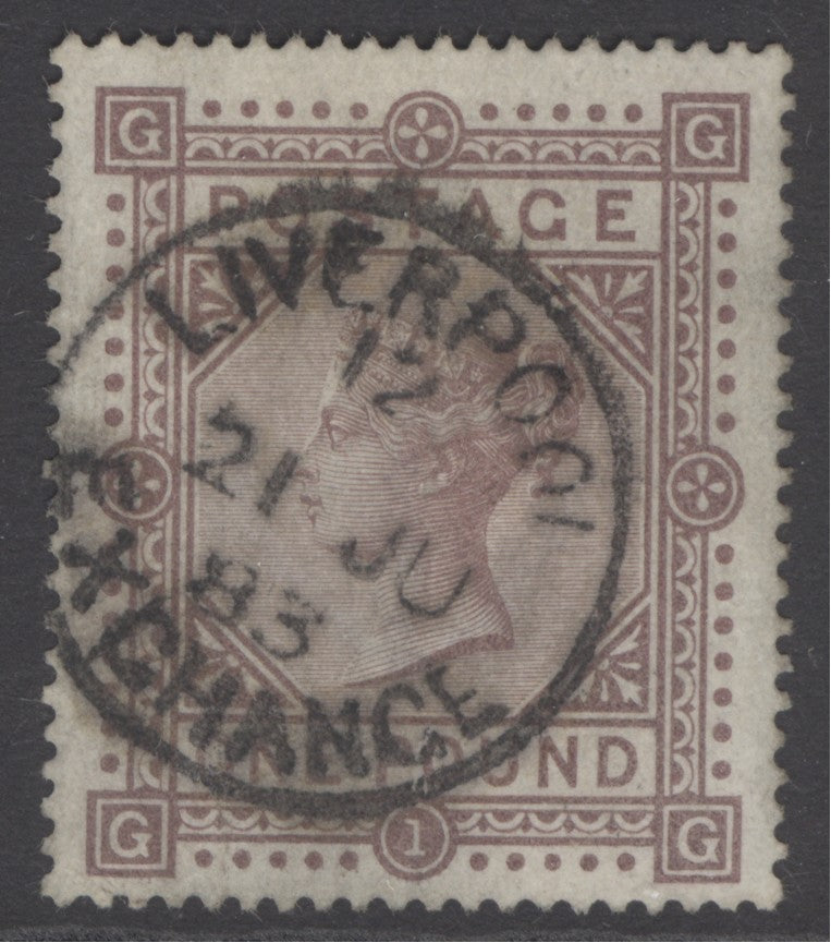 SG 136 £1 brown-lilac lettered GG, watermark large anchor on white paper. Very fine used with a Liverpool exchange, 21st June 1883 CDS. Well centred & good deep colour CAT £6500.