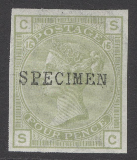SG 153 4d sage-green plate 15 imperforate, overprinted specimen. A fine fresh very lightly mounted mint example with 4 fine margins CAT £525
